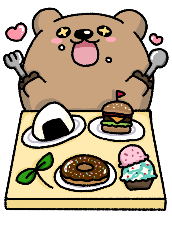 フォークとスプーンを持って、ごちそうの並んだ食卓に向かうクォッカ